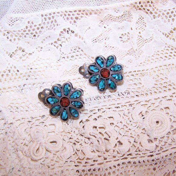 Native American Sterling Silver Coral Turquoise Inlay Clip Earrings - Picture 3 of 7